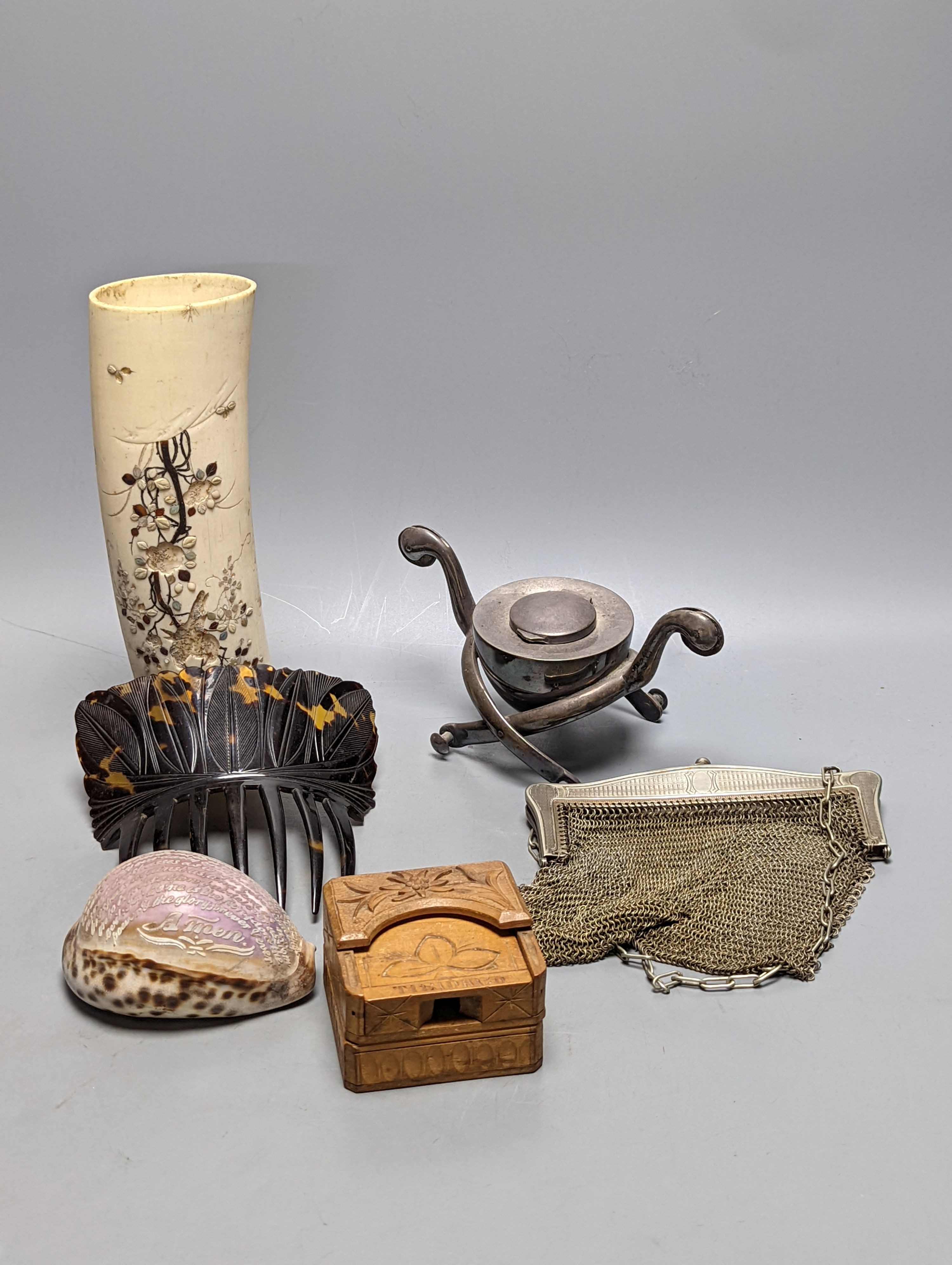 Miscellaneous items including carved wood watch stand, ‘Our Father’ cameo shell and a plated inkwell